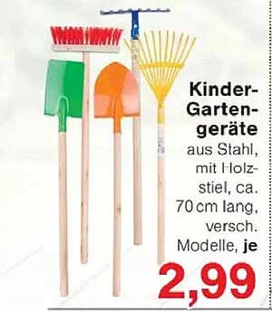 Kinder-Garten-geräte aus Stahl, mit Holzstiel, ca. 70 cm lang, versch. Modelle, je