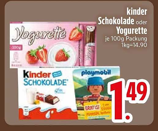 kinder Schokolade oder Yogurette je 100g Packung 1kg=14.90