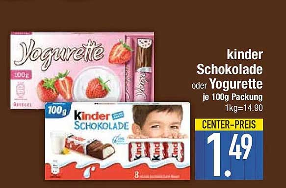kinder Schokolade oder Yogurette je 100g Packung