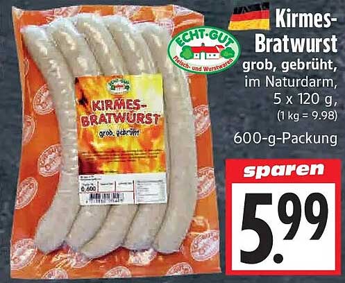 Kirmes-Bratwurst grob, gebrüht, im Naturdarm, 5 x 120 g, 600-g-Packung