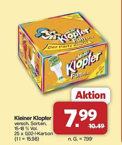 Kleiner Klöpfer versch. Sorten, 15–18 % Vol. 25 x 0,02-l-Karton (1 l = 15.98)