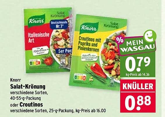 Knorr Salat-Krönung verschiedene Sorten, 40-55-g-Packung oder Croutinos verschiedene Sorten, 25-g-Packung, kg-Preis ab 16.00