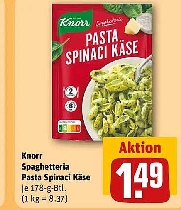 Knorr Spaghetteria Pasta Spinaci Käse je 178-g-Btl. (1 kg = 8.37)