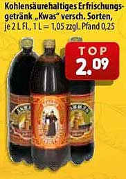 Kohlensäurehaltiges Erfrischungsgetränk „Kwas“ versch. Sorten, je 2 L FL., 1 L = 1,15 zzgl. Pfand, 0,25