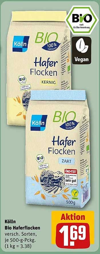 Kölln Bio Haferflocken versch. Sorten, je 500-g-Pckg. (1 kg = 3.38)