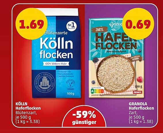 KÖLLN Haferflocken Blütenzart, je 500 g (1 kg = 3.38)
