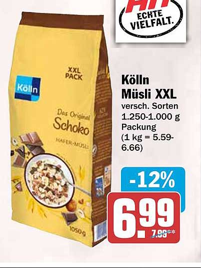 Kölln Müsli XXL versch. Sorten 1.250-1.000 g Packung (1 kg = 5.59-6.66)