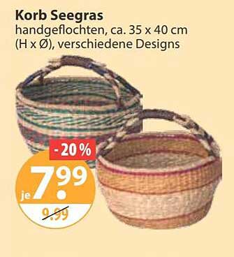 Korb Seegars handgeflochten, ca. 35 x 40 cm (H x Ø), verschiedene Designs