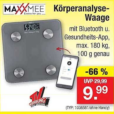 Körperanalyse-Waage mit Bluetooth u. Gesundheits-App, max. 180 kg, 100 g genau