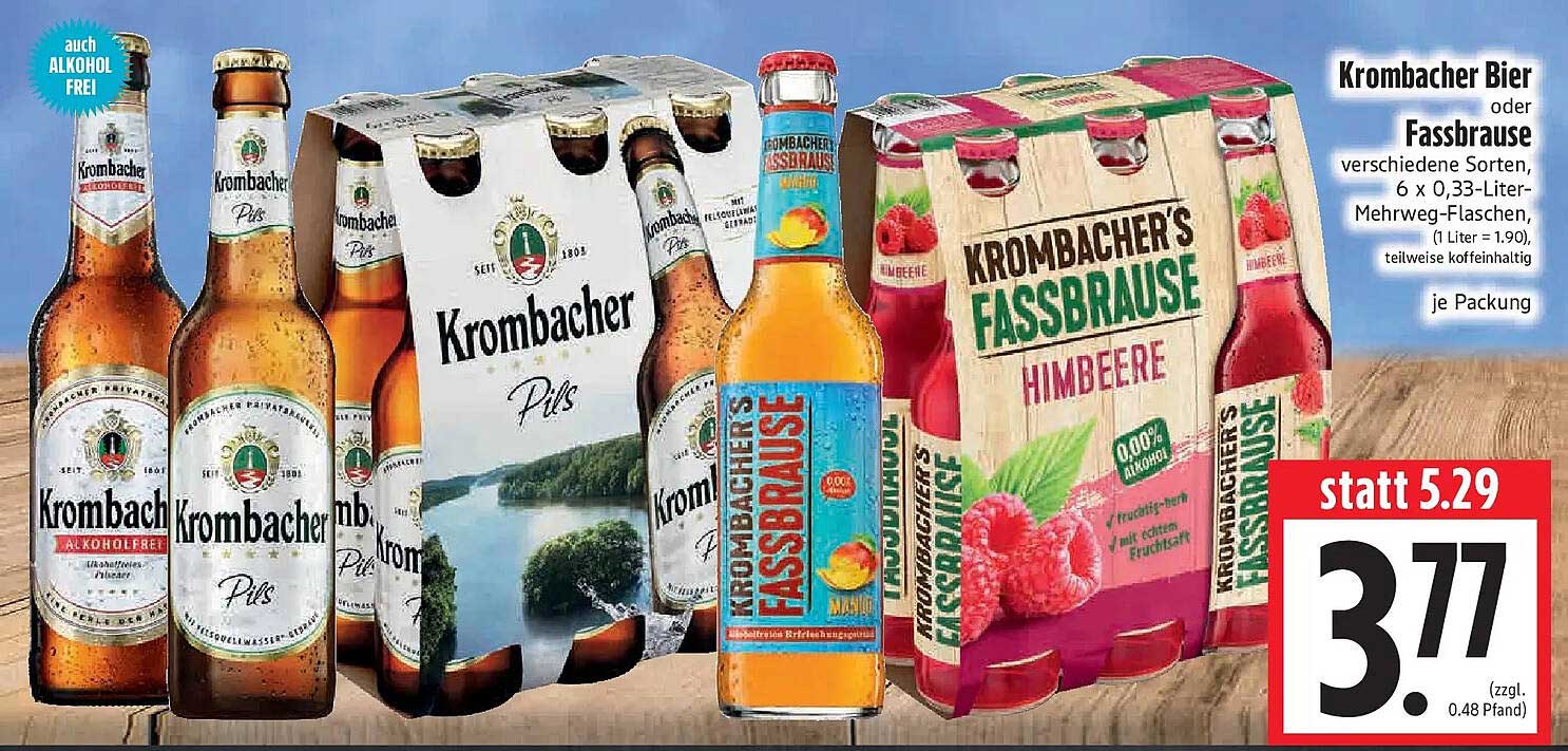 Krombacher Bier oder Fassbrause verschiedene Sorten, 6 x 0,33-Liter-Mehrweg-Flaschen, (1 Liter = 1.90), teilweise koffeinhaltig