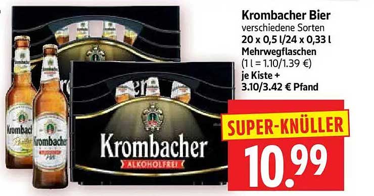 Krombacher Bier verschiedene Sorten 20 x 0,5 l/24 x 0,33 l Mehrwegflaschen (1 l = 1.10/1.39 €) je Kiste + 3.10/3.42 € Pfand