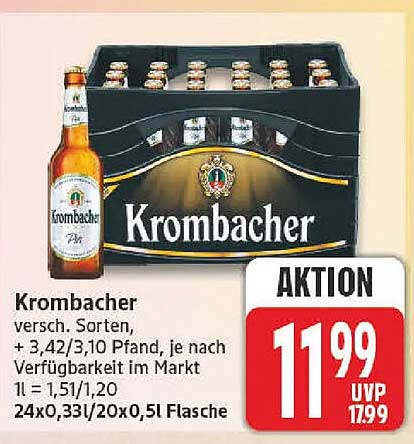 Krombacher versch. Sorten, + 3,42/3,10 Pfand, je nach Verfügbarkeit im Markt 1l = 1,51/1,20 24x0,33l/20x0,5l Flasche