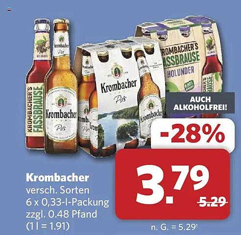 Krombacher versch. Sorten 6 x 0,33-l-Packung zzgl. 0,48 Pfand (1 l = 1,91)