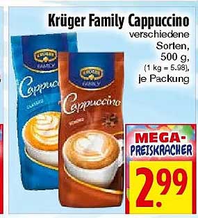 Krüger Family Cappuccino verschiedene Sorten, 500 g, (1 kg = 5,98), je Packung