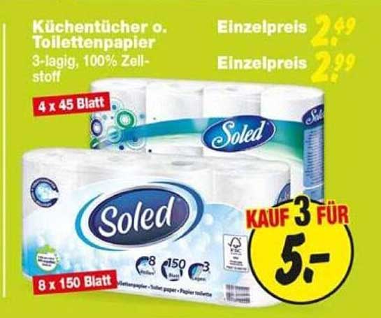 Küchentücher o. Toilettenpapier 3-lagig, 100% Zellstoff