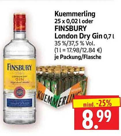 Kuemmerling 25 x 0,02 l oder FINSBURY London Dry Gin 0,7 l
