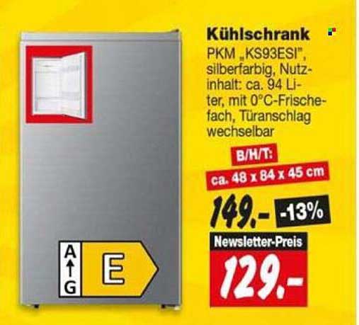 Kühlschrank PKM „KS93ES“, silberfarbig, Nutzinhalt: ca. 94 Liter, mit 0°C-Frischefach, Türanschlag wechselbar