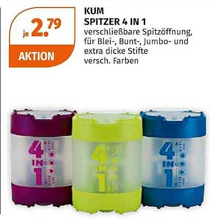 KUM SPITZER 4 IN 1 verschließbare Spitzöffnung, für Blei-, Bunt-, Jumbo- und extra dicke Stifte versch. Farben