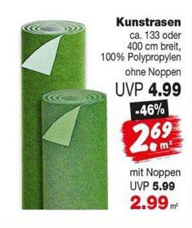 Kunstrasen ca. 133 oder 400 cm breit, 100% Polypropylen, ohne Noppen