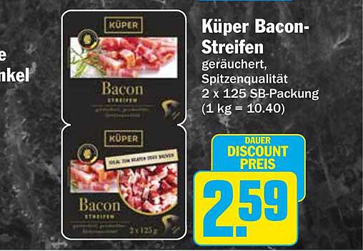 Küper Bacon-Streifen geräuchert, Spitzenqualität 2 x 125 SB-Packung (1 kg = 10.40)