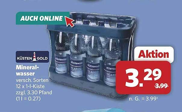 KÜSTEN GOLD Mineralwasser versch. Sorten 12 x 1-l-Kiste zzgl. 3.30 Pfand (1 l = 0.27)