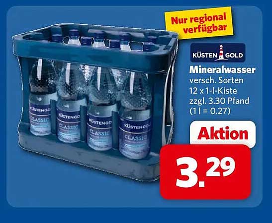 KÜSTENGOLD Mineralwasser versch. Sorten 12 x 1 l-Kiste zzgl. 3.30 Pfand (1 l = 0.27)