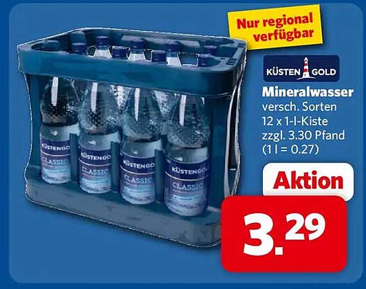 KÜSTENGOLD Mineralwasser versch. Sorten 12 x 1-l-Kiste zzgl. 3.30 Pfand (1 l = 0.27)