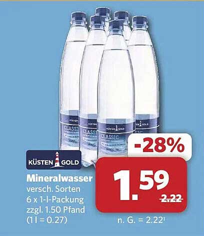 KÜSTENGOLD Mineralwasser versch. Sorten 6 x 1-l-Packung zzgl. 1.50 Pfand (1 l = 0.27)