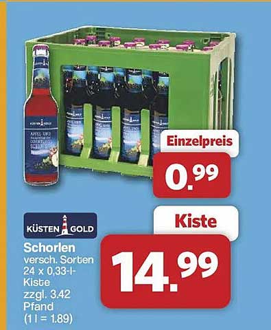 KÜSTENGOLD Schorlen versch. Sorten 24 x 0,33-L Kiste zzgl. 3,42 Pfand (1 l = 1,89)