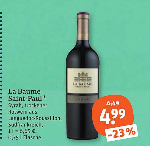 La Baume Saint-Paul¹ Syrah, trockener Rotwein aus Languedoc-Roussillon, Südfrankreich, 1 l = 6,65 €, 0,75 l Flasche