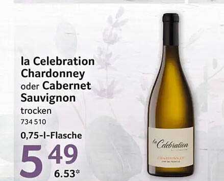 la Celebration Chardonnay oder Cabernet Sauvignon trocken 734 510 0,75-l-Flasche