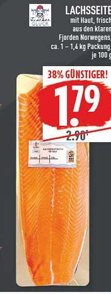 LACHSSEITE mit Haut, frisch aus den klaren Fjorden Norwegens ca. 1–1,4 kg Packung je 100 g