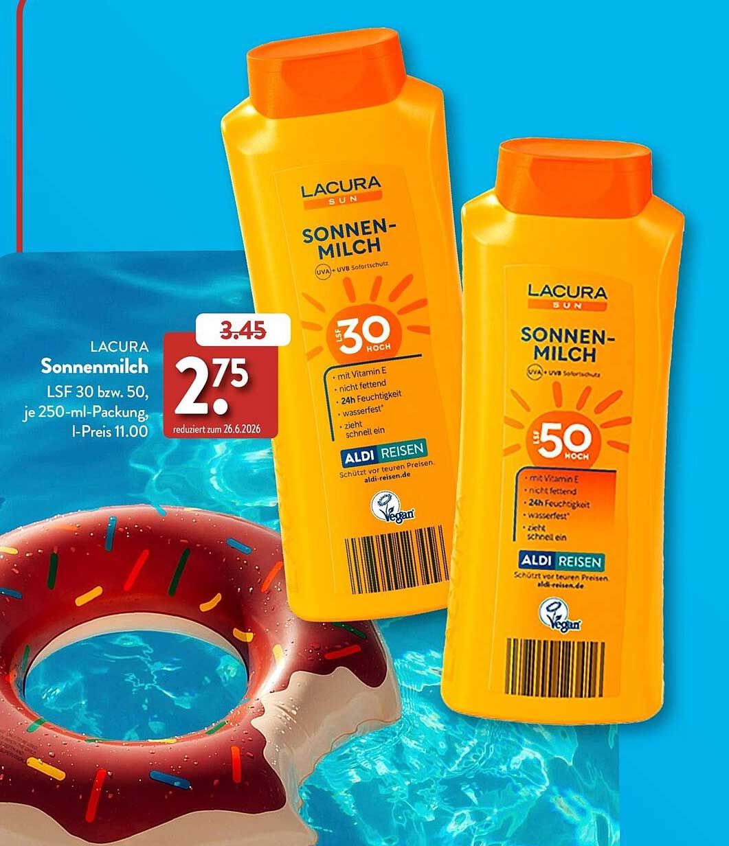 LACURA Sonnenmilch LSF 30 bzw. 50, je 250-ml-Packung, I-Preis 11.00
