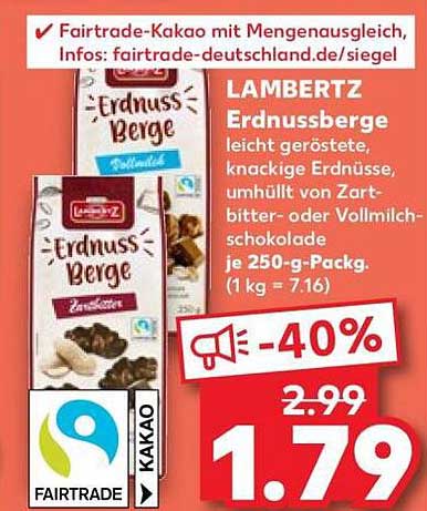 LAMBERTZ Erdnussberge leicht geröstete, knackige Erdnüsse umhüllt von Zartbitter- oder Vollmilchschokolade je 250-g-Packg. (1 kg = 7.16)