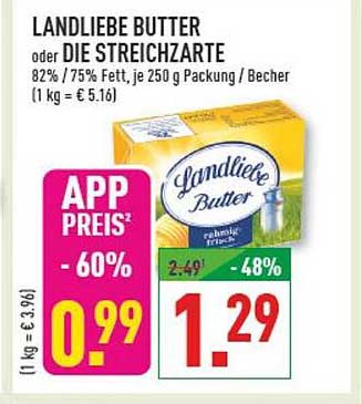LANDLIEBE BUTTER oder DIE STREICHZARTE 82% / 75% Fett, je 250 g Packung / Becher (1 kg = € 5.16)
