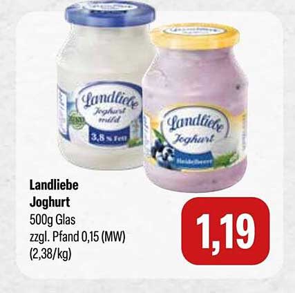 Landliebe Joghurt 500g Glas zzgl. Pfand 0,15 (MW) (2,38/kg)