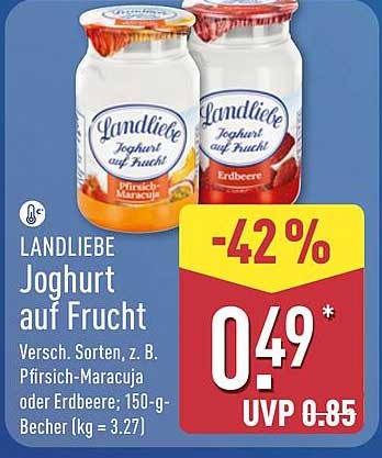 LANDLIEBE Joghurt auf Frucht Versch. Sorten, z. B. Pfirsich-Maracuja oder Erdbeere; 150-g-Becher (kg = 3.27)