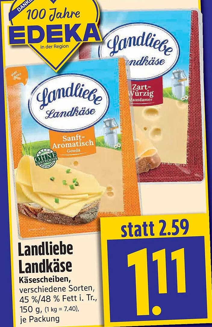 Landliebe Landkäse Käsescheiben, verschiedene Sorten, 45 %/48 % Fett i. Tr., 150 g, (1 kg = 7.40), je Packung