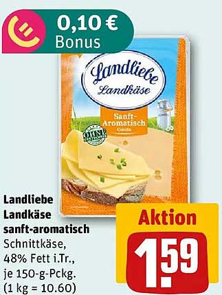 Landliebe Landkäse sanft-aromatisch Schnittkäse, 48% Fett i.Tr., je 150-g-Packung (1 kg = 10.60)