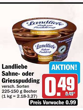 Landliebe Sahne- oder Grie&szlig;pudding versch. Sorten 225-150 g Becher (1 kg = 2.18-3.27)