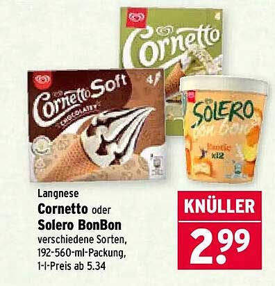 Langnese Cornetto oder Solero BonBon verschiedene Sorten, 192-560-ml-Packung, 1-l-Preis ab 5.34