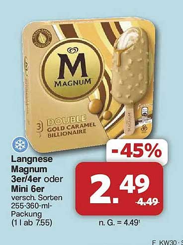 Langnese Magnum 3er/4er oder Mini 6er versch. Sorten 255-360-ml-Packung (1 l ab 7.55)