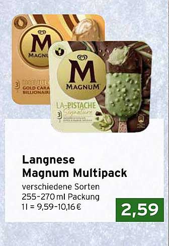 Langnese Magnum Multipack verschiedene Sorten 255-270 ml Packung 1 l = 9,59-10,16 €