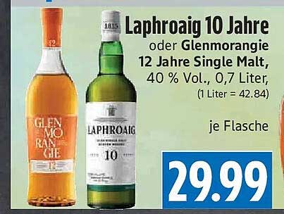 Laphroaig 10 Jahre oder Glenmorangie 12 Jahre Single Malt, 40 % Vol., 0,7 Liter, (1 Liter = 42.84) je Flasche