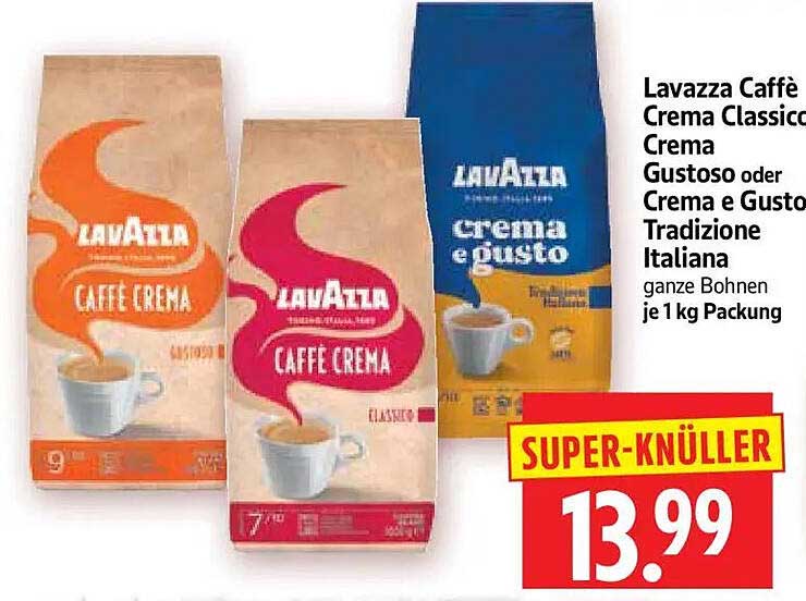 Lavazza Caffè Crema Classico, Crema Gusto oder Crema e Gusto Tradizione Italiana ganze Bohnen je 1 kg Packung