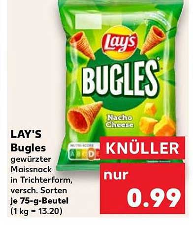 Lay's Bugles gewürzter Maissnack in Trichterform, versch. Sorten je 75-g-Beutel (1 kg = 13.20)