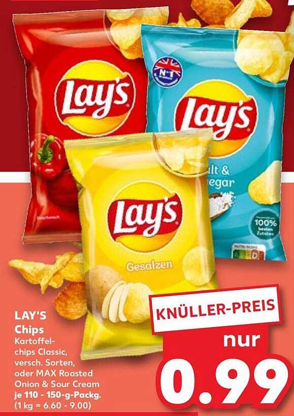 LAY'S Chips Kartoffelchips Classic, versch. Sorten, oder MAX Roasted Onion & Sour Cream je 110 - 150-g-Packg.