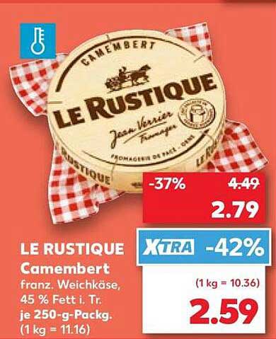LE RUSTIQUE Camembert franz. Weichkäse, 45 % Fett i. Tr. je 250-g-Packg.