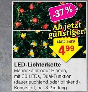 LED-Lichterkette Marienkäfer oder Bienen, mit 30 LEDs, Dual-Funktion (dauerleuchtend oder blinkend), Kunststoff, ca. 8,2 m