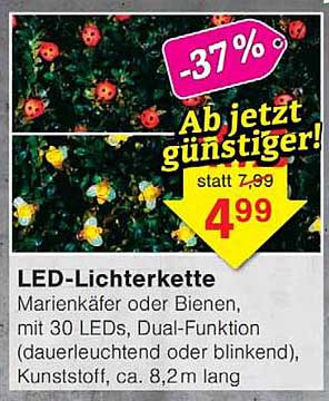 LED-Lichterkette Marienkäfer oder Bienen, mit 30 LEDs, Dual-Funktion (dauerleuchtend oder blinkend), Kunststoff, ca. 8,2 m lang